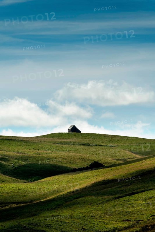 Isolated farm called buron on the Cezallier plateau in the Auvergne Volcanoes Regional Natural Park, Puy de Dome, Auvergne-Rhone-Alpes, France, Europe