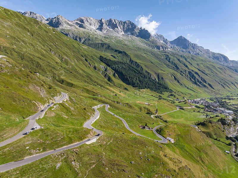 James Bond Goldfinger curve viewpoint on the Furka Pass. Scenes for the James Bond film Goldfinger were filmed on the winding mountain road in 1964 against a picturesque backdrop. Drone photo. Realp, Canton Uri, Switzerland, Europe