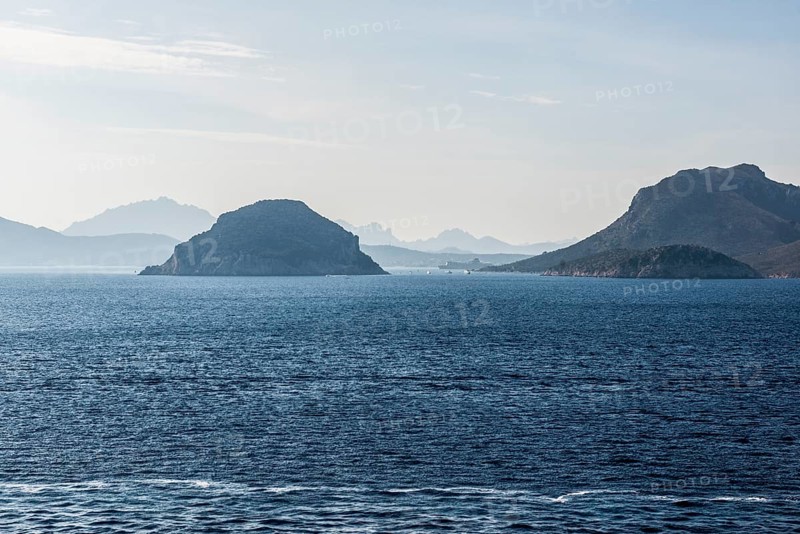 Panorama, Coast with sea and mountains, Bay of Olbia, Sardinia, Italy, Europe