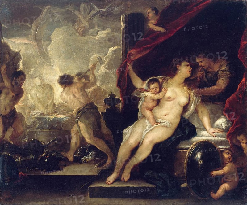 Venus, Mars and the Forge of Vulcan (c.1660), painting by Luca Giordano (Italian, 1634-1705), historically, digitally restored reproduction of a 17th-century original, exact date unknown, Mars and the Forge of Vulcan (c.1660), painting made by Luca Giordano (Italian, Historically, digitally restored reproduction of a 17th-century original, exact date unknown