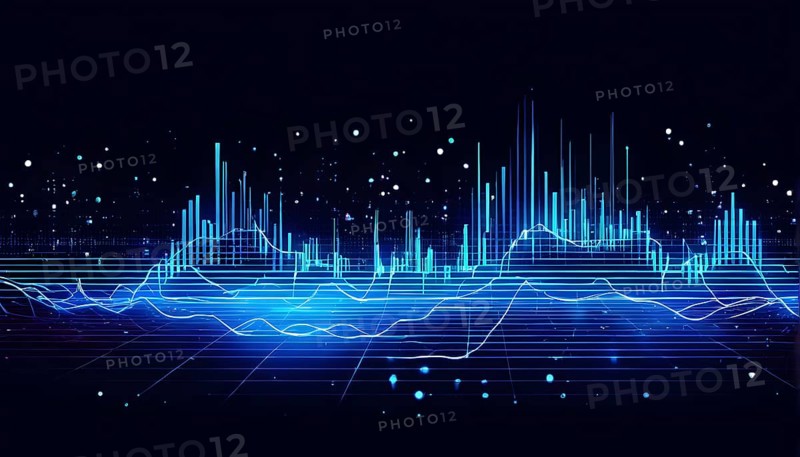 Abstract illustration of digital wave forms and circuits converging to form abstract symbols of various sports, then dispersing into flowing particles, AI generated