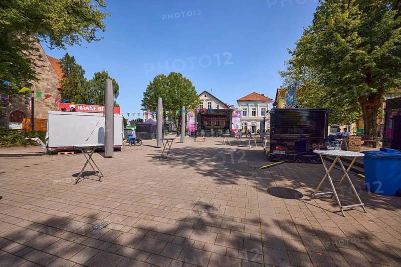 Castle square with food truck and stage for the 900th anniversary celebrations of the town of Varel, district of Friesland, Lower Saxony, Germany, Europe