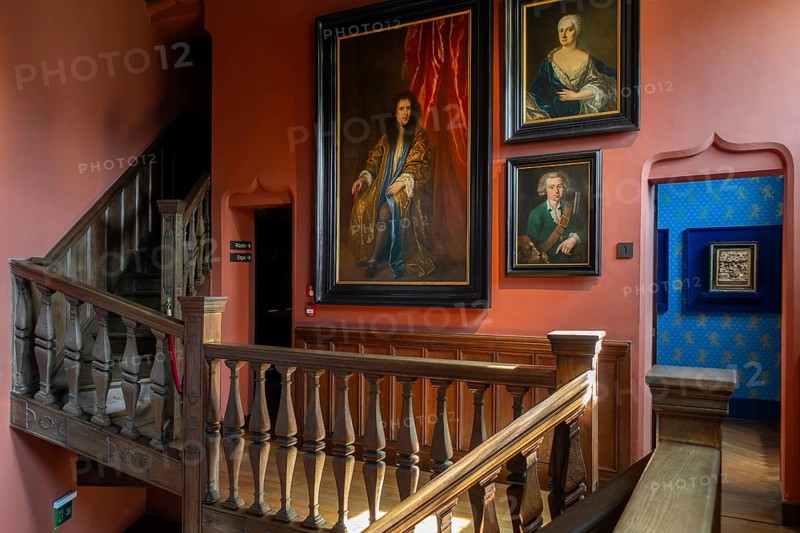 Painted portraits in the Egmond Staircase at Kasteel van Gaasbeek, medieval castle but renovated in the 19th century, Lennik, Flemish Brabant, Belgium, Europe