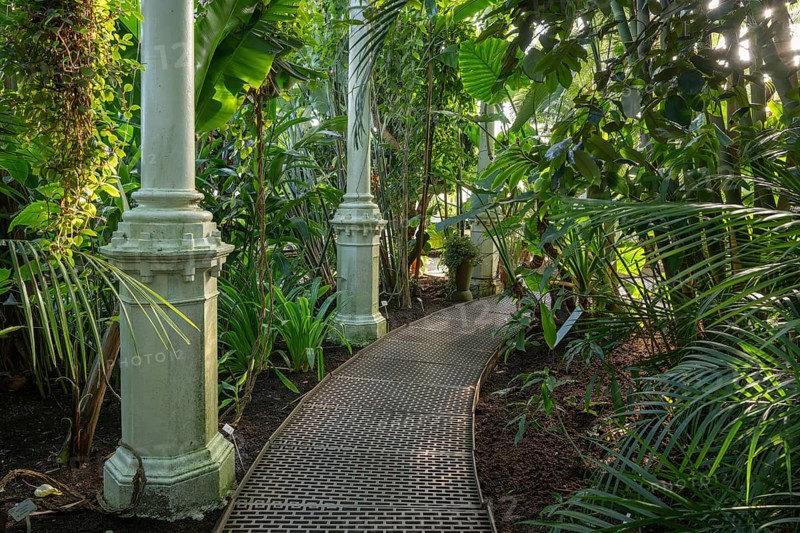 Narrow curved path made of iron plates leads through lush tropical vegetation, historic greenhouse, palm house, Botanical Garden or Botanisk Have, University of Copenhagen, Denmark, Europe