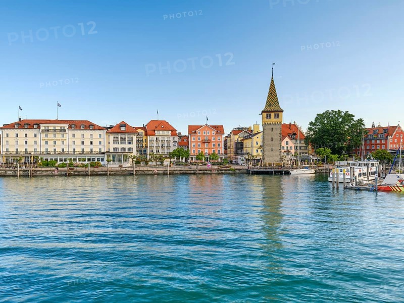 View of the old town centre of the island of Lindau, Mang Tower, Lake Constance, Bavaria, Germany, Europe
