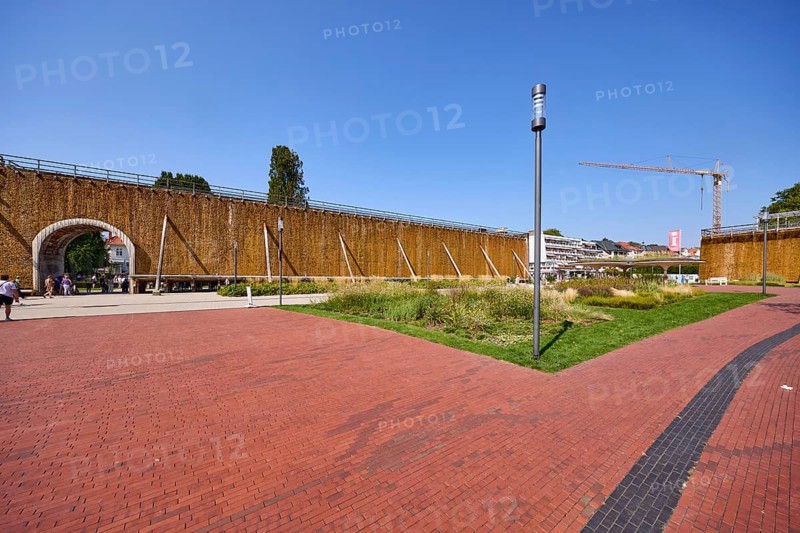 Graduation house, salt works and lantern under a cloudless blue sky in the park of Bad Salzuflen, Lippe district, North Rhine-Westphalia, Germany, Europe