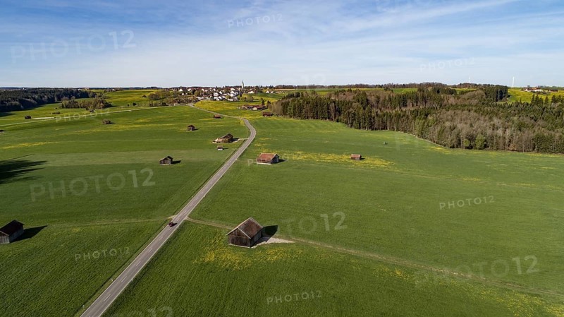 Aerial view of the foothills of the Alps near Mindelheim in spring, Allgäu, Bavaria, Germany, Europe
