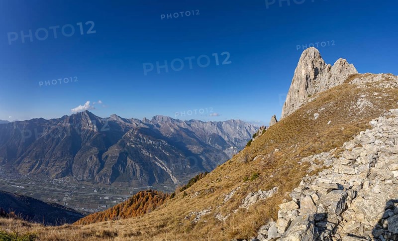 Pierre Avoi, view into the Rhone valley, rocky peak above Verbier, Valais, Switzerland, Europe