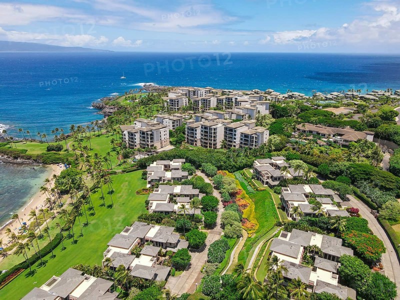 Aerial view of tropical destination with white sand and turquoise water. Kapalua coast in Maui, Hawaii