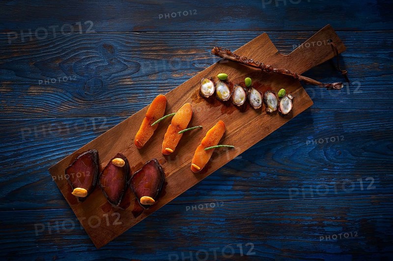 Marinated tuna roe and octopus salted smoked Mediterranean style with seaweed