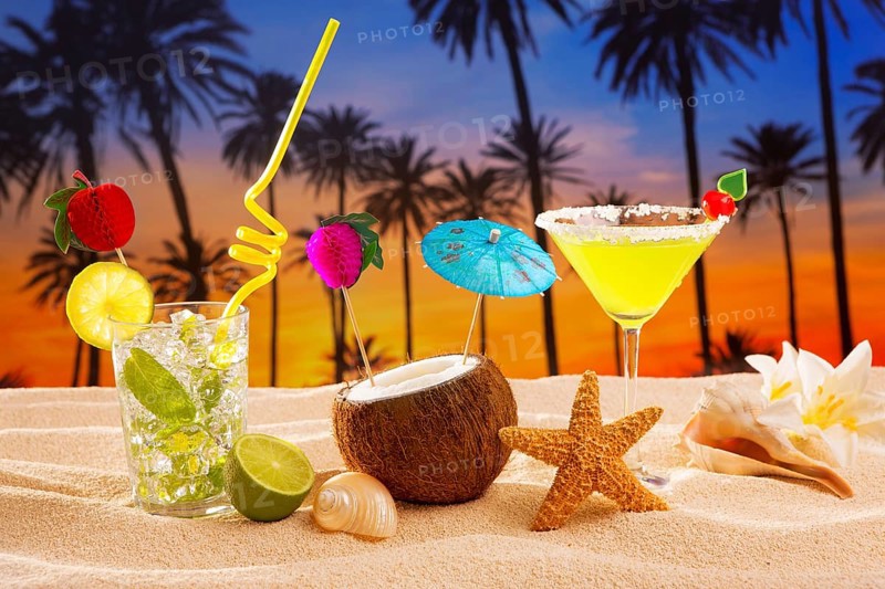 Beach cocktail sunset on palm tree sand mojito margarita coconut