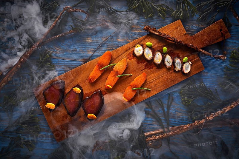 Marinated tuna roe and octopus salted smoked Mediterranean style with seaweed