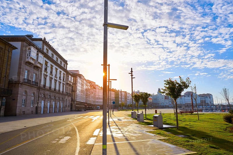 La Coruna facades near Port in Galicia of Spain