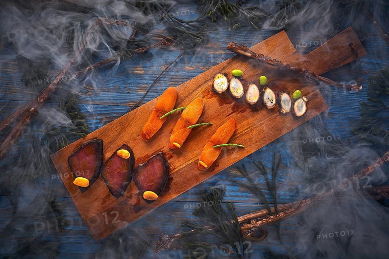 Marinated tuna roe and octopus salted smoked Mediterranean style with seaweed