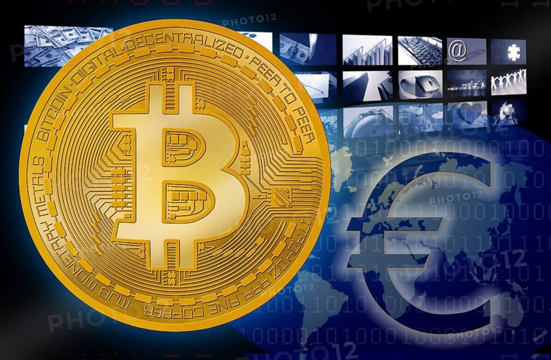 Bitcoin BTC against Euro symbol cryptocurrency background of my own copyright