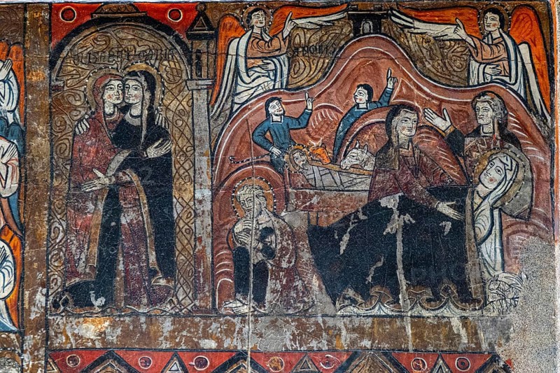 Visitation and birth of Jesus, altar frontal of Santa Maria de Iguacel, XIII century, tempera painting on pine wood, Diocesan Museum of Jaca, Huesca, Spain, Europe