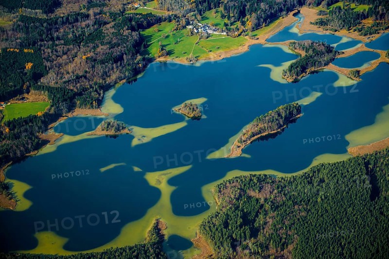 Aerial view, bird's eye view, Ostersee, Penzberg, Upper Bavaria, Bavaria, Germany, Europe
