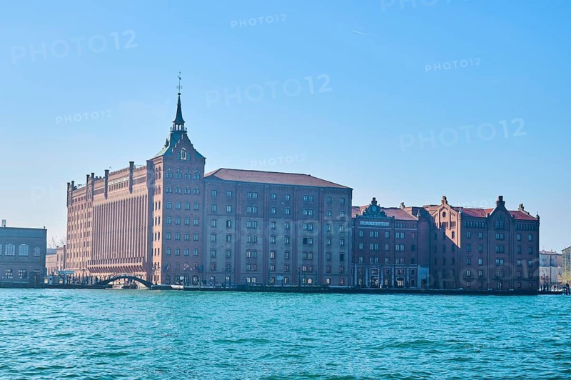 View from the water on Hilton Hotel beside the water in Venice on a sunny day in winter, Italy, Europe