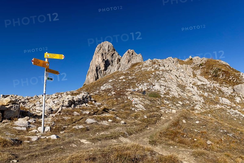 Hiking signpost, Comba Plane below Pierre Avoi, La Tzoumaz, Riddes, Valais, Switzerland, Europe