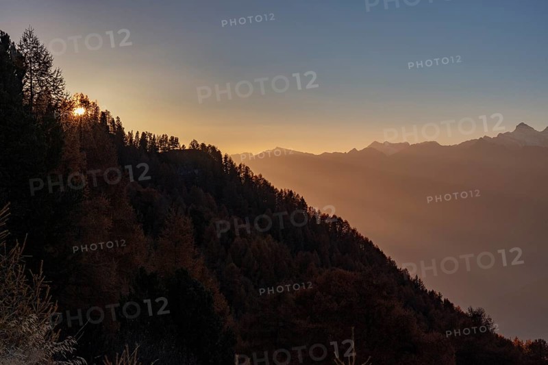 Sunset, view of the Rhone valley with Dent zu Midi group, Riddes, Valais, Switzerland, Europe