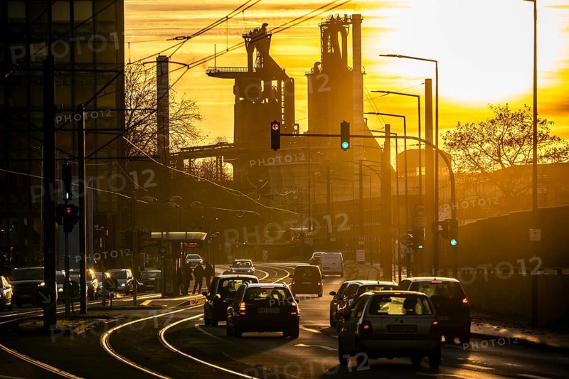 Duisburg-Bruckhausen steel site, ThyssenKrupp Steel, blast furnaces 8 and 9, on Kaiser-Wilhelm-Straße, sunset, North Rhine-Westphalia, Germany, Europe