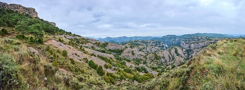 Panorama of the Mountain range of the Spanish Pyrenees on a cloudy day, Solsona, Lleida, Catalonia, Spain, Europe