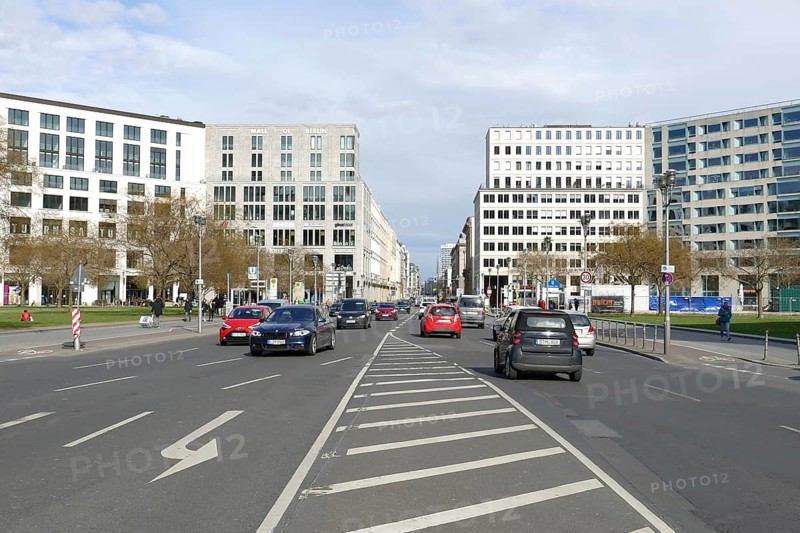 Berlin, Germany, 16 April 2021, View across Leipziger Platz to Leipziger Straße, a main traffic artery in the German capital, Europe