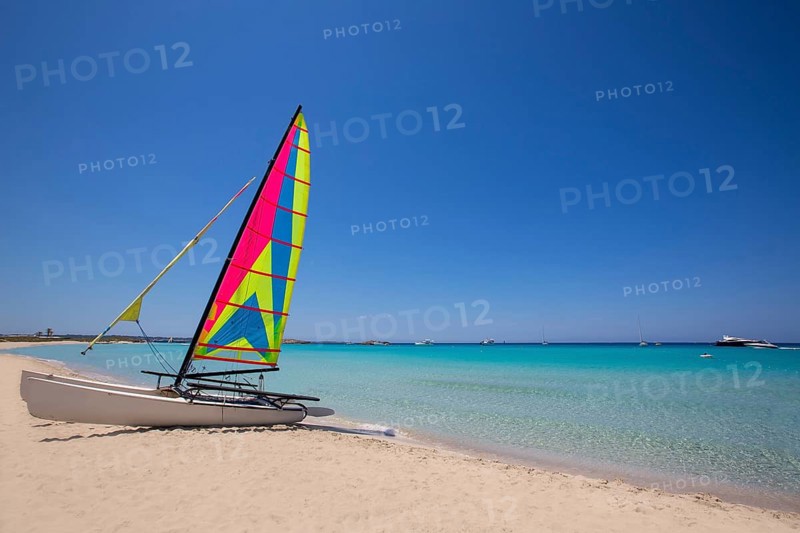 Catamaran sailboat in Illetes beach of Formentera at Balearic Islands