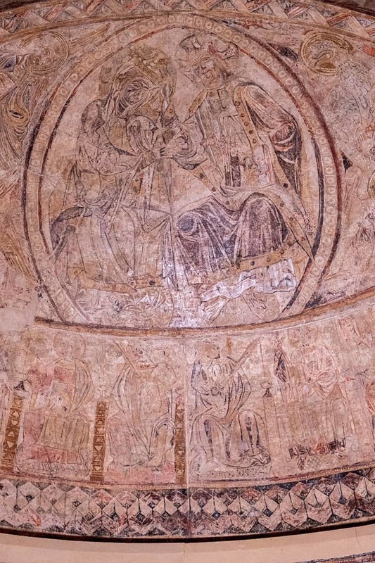 Coronation of Mary for her son Jesus Christ, wall paintings of Osia, XIII century, fresco torn and transferred to canvas, come from the hermitage of Nuestra Señora del Rosario, Osia, Diocesan Museum of Jaca, Huesca, Spain, Europe