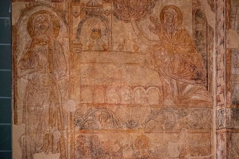 Saint Lucia with her mother visiting the tomb of Saint Agueda, wall paintings of Osia, XIII century, fresco torn and transferred to canvas, come from the hermitage of Nuestra Señora del Rosario, Osia, Diocesan Museum of Jaca, Huesca, Spain, Europe