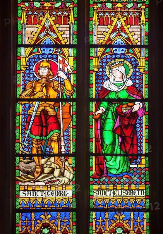 Window with the saints Elizabeth and George, St Mary's parish church, Marburg, Hesse, Germany, Europe, Kirchenfenster mit den Heiligen Elisabeth und Georg, Pfarrkirche St Marien, Marburg, Hessen, Deutschland, Europa, Europe