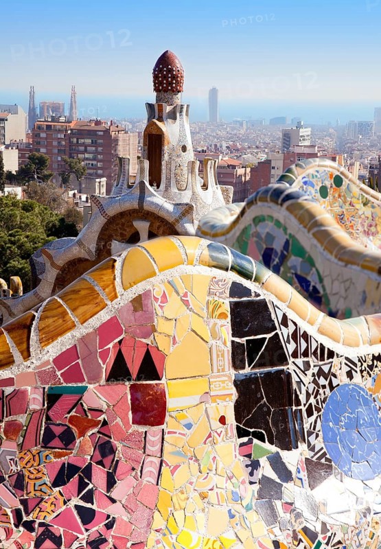 Barcelona Park Guell of Gaudi tiles mosaic serpentine bench modernism