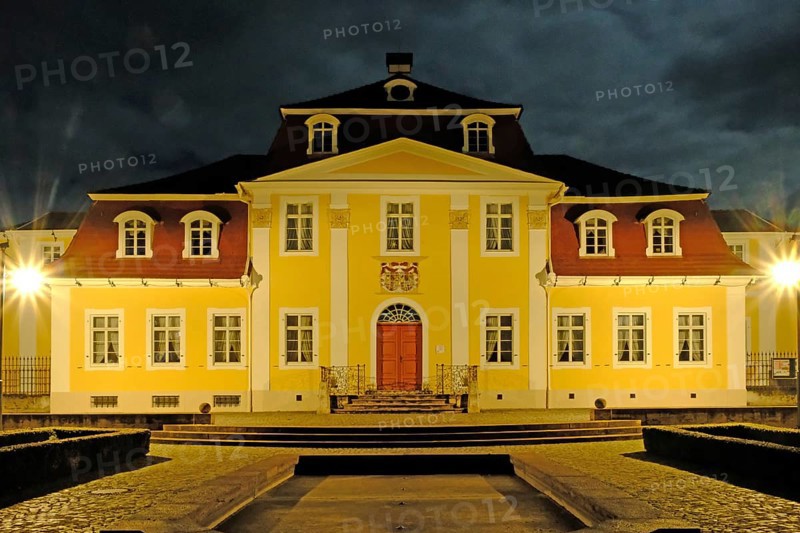 The illuminated Friederikenschlösschen in the evening. Bad Langensalza, Thuringia, Germany, Europe