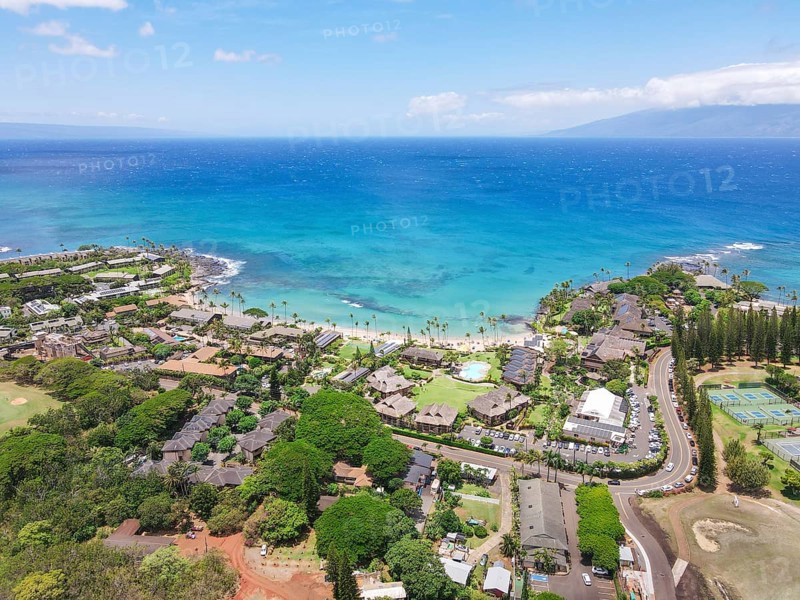 Aerial view of tropical destination with white sand and turquoise water. Kapalua coast in Maui, Hawaii