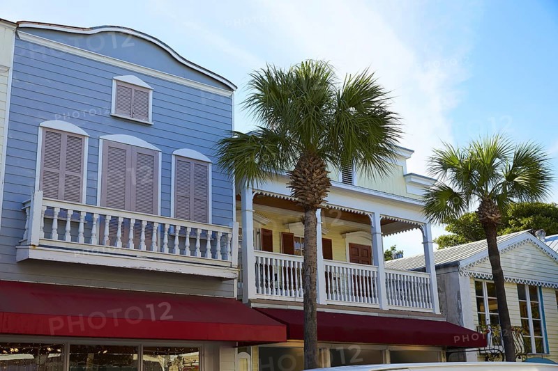 Key west downtown street houses facades in Florida USA