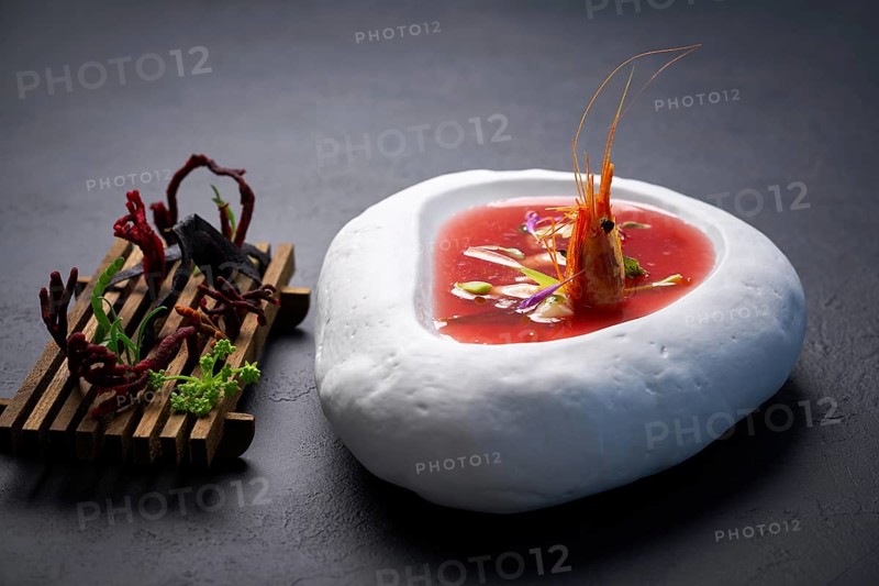 Mediterranean gazpacho tomato soup with seafood and codium salad
