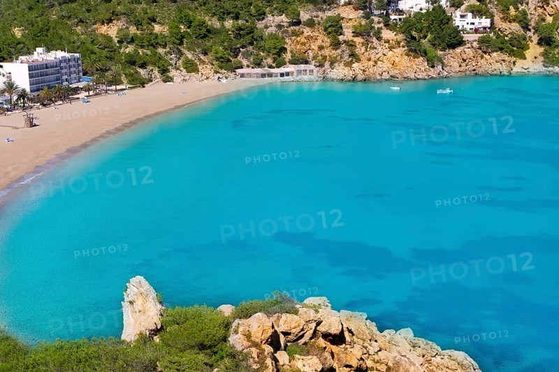 Aerial view of Caleta de Sant Vicent in Ibiza island cala de san Vicente