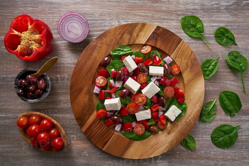 Cheese salad with tomatoes spinach and kalamata olives