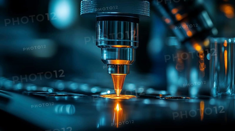 A microscope with an orange light in a lab scene, set against a blue-toned, focused ambiance, AI generated