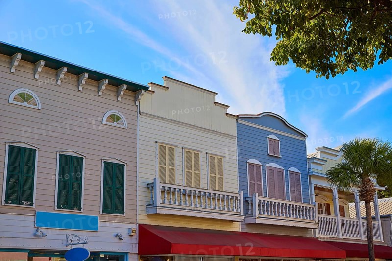 Key west downtown street houses facades in Florida USA