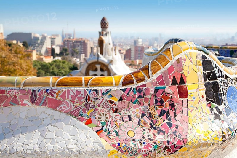 Barcelona Park Guell of Gaudi tiles mosaic serpentine bench modernism