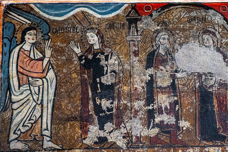 Annunciation of the archangel Saint Gabriel and marriage of Saint Joseph, altar frontal of Santa Maria de Iguacel, XIII century, tempera painting on pine wood, Diocesan Museum of Jaca, Huesca, Spain, Europe