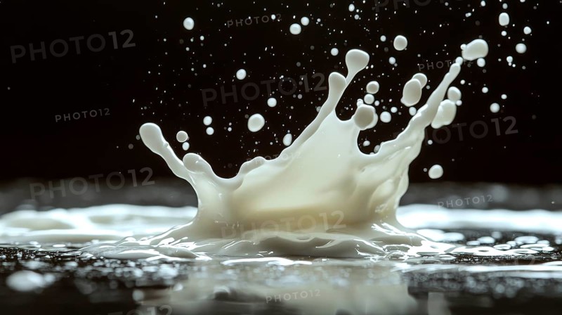 Milk splash captured in mid-air against a dark background, showcasing dynamic liquid motion, AI generated