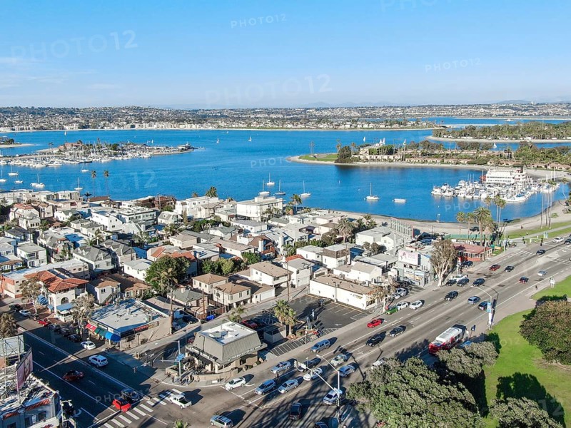 Aerial view of Mission Bay and beach in San Diego during summer, California. USA. Community built on a sandbar with villas, sea port and recreational Mission Bay Park. September 08th, 2021