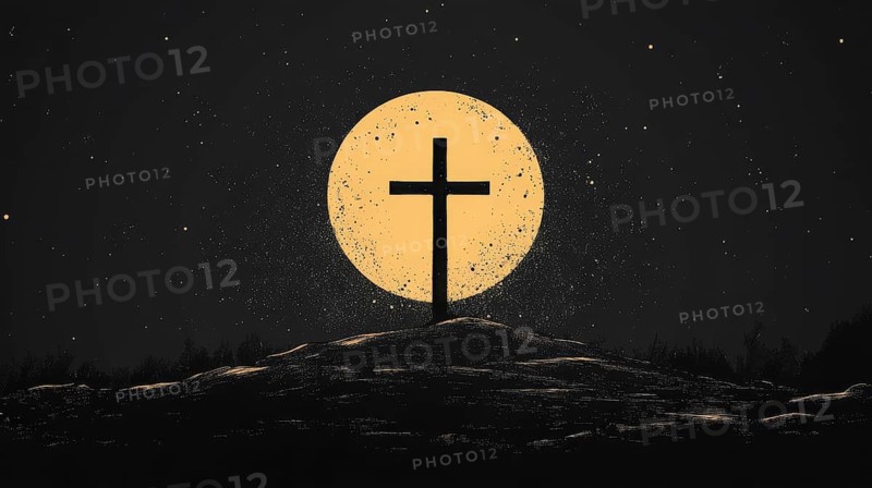 Cross silhouette with an ethereal glow of the moon and stars in a tranquil night scene, AI generated