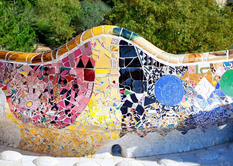 Barcelona Park Guell of Gaudi tiles mosaic serpentine bench modernism