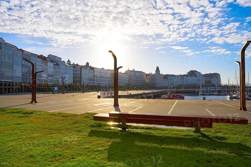 La Coruna facades near Port in Galicia of Spain