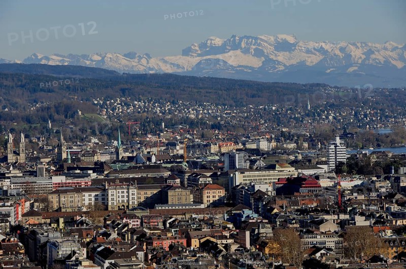 Panoramic view of Zurich city with the Alps in the background from Switzerland's second-highest skyscraper