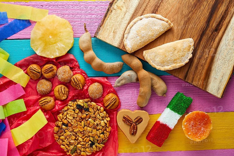 Mexican sweets and pastries cajeta tamarindo coconut flag Palanqueta puerquito