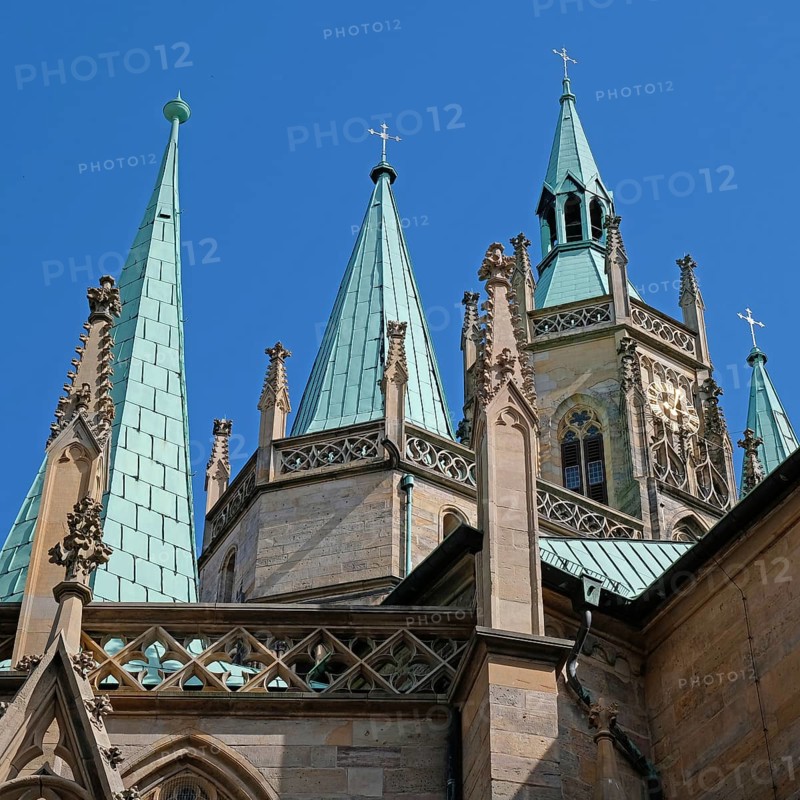View upwards to the towers of Erfurt Cathedral. Erfurt, Thuringia, Germany, Europe